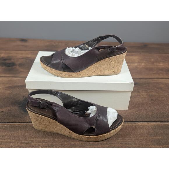 Cole Haan Sandals 26230 Plum‎ 9 Dark Brown Wedge Peep Toe Cork Heel Italian Chic - Picture 1 of 11